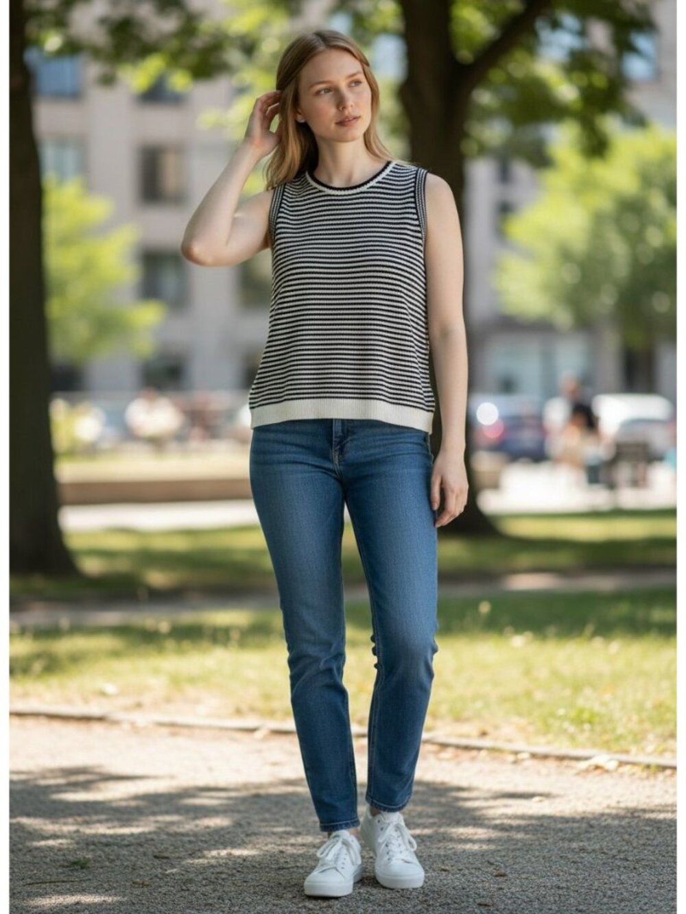 Free Assembly Striped Sleeveless Knit Tank Top Black White L Cotton Blend